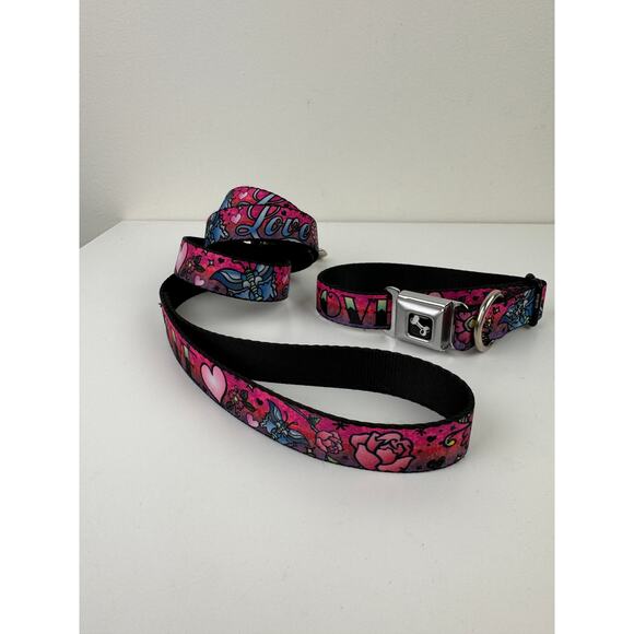 Buckle-Down Metal Clip Love Pink Tattoo Nylon Adjustable Dog Collar / Leash Set - Picture 2 of 5